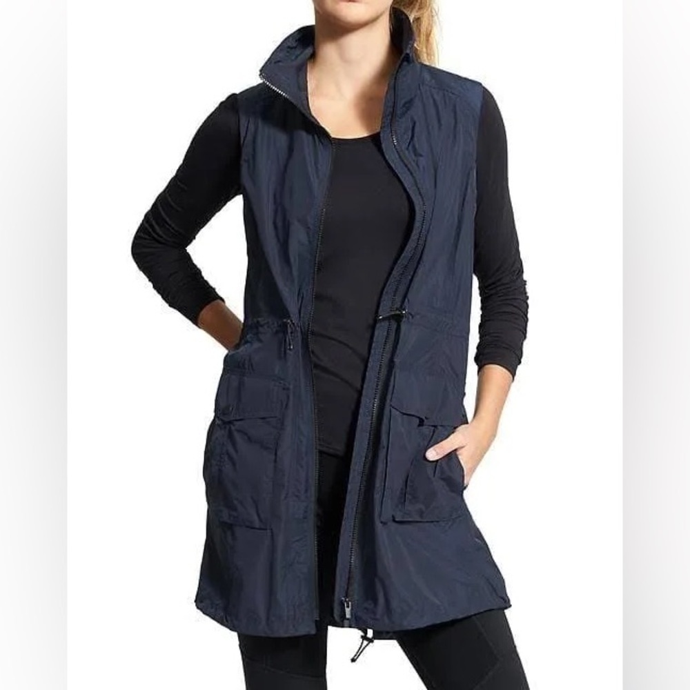 Athleta City Slicker Sleeveless Full Zip Stand Collar Vest Jacket Navy XS